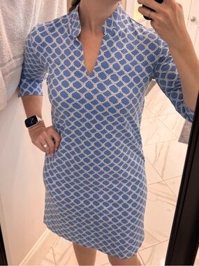 Blue Geometric Midi Dress with Split Neck